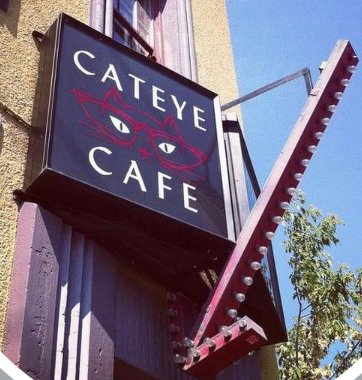 Close-up of the Cat Eye Café sign