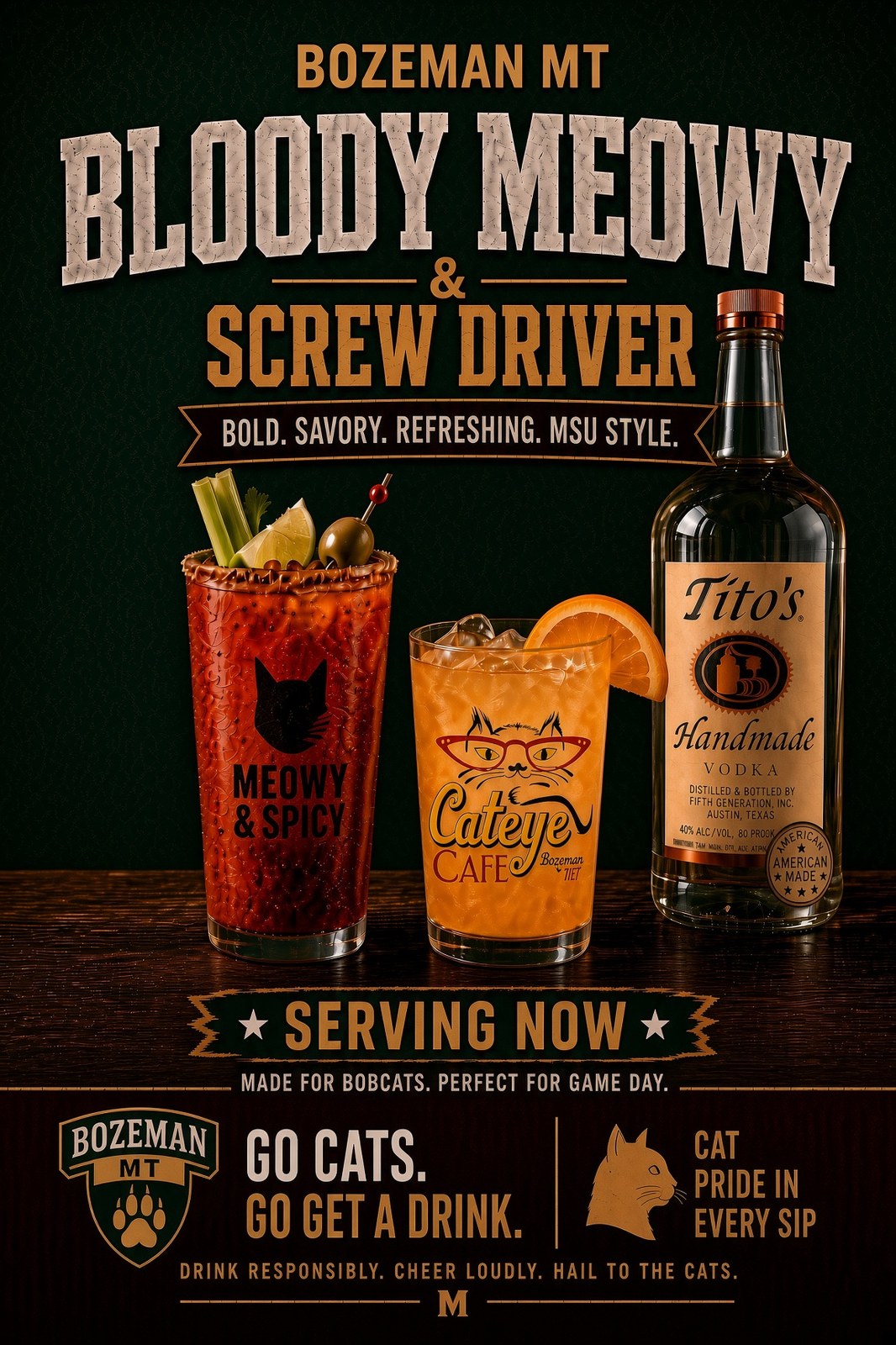 Bloody Meowy and Screwdriver cocktails with Tito’s vodka