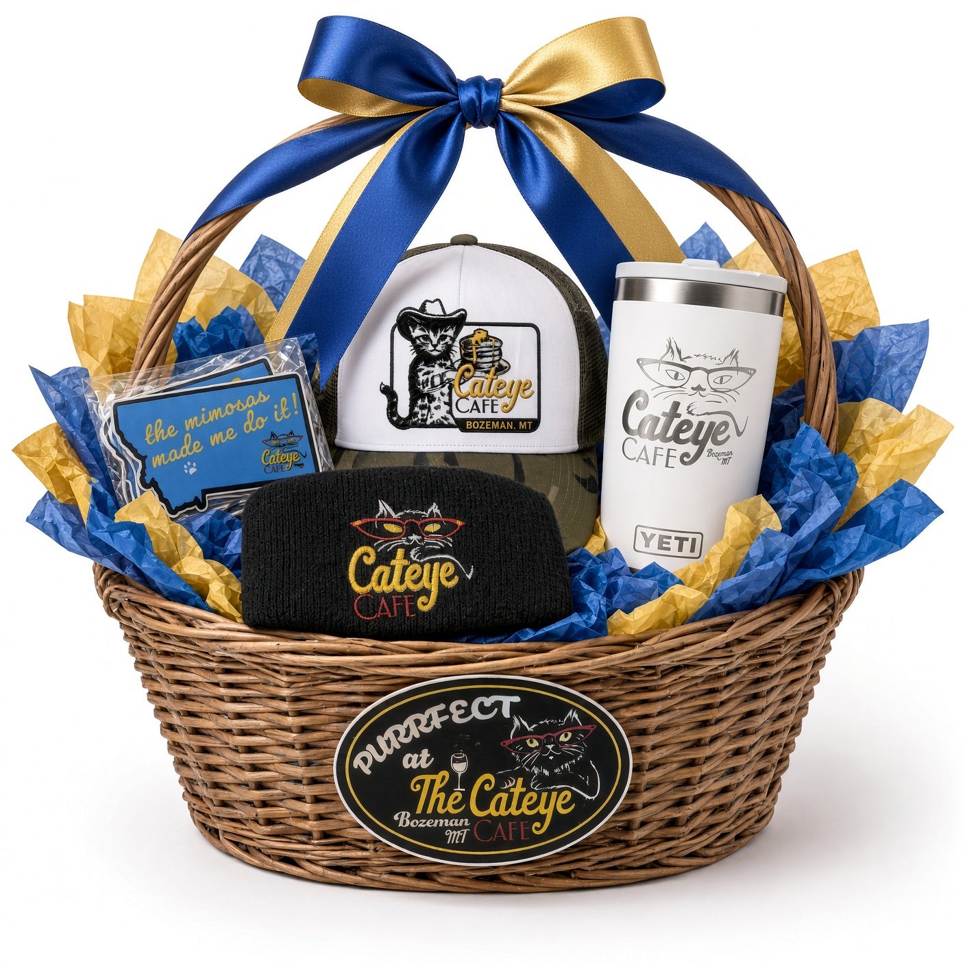 Cat Eye Café gift basket with Yeti tumbler, hat, beanie, and stickers