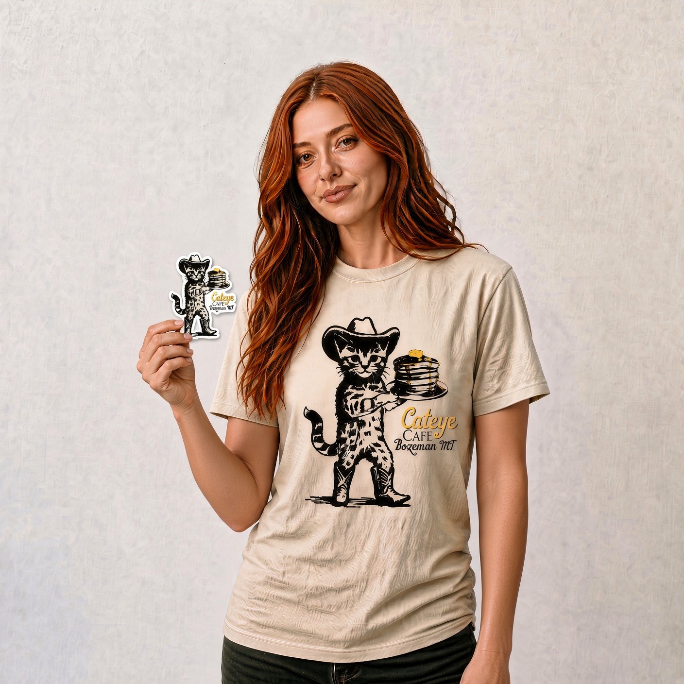 Cat Eye Café t-shirt with a cowboy cat holding pancakes